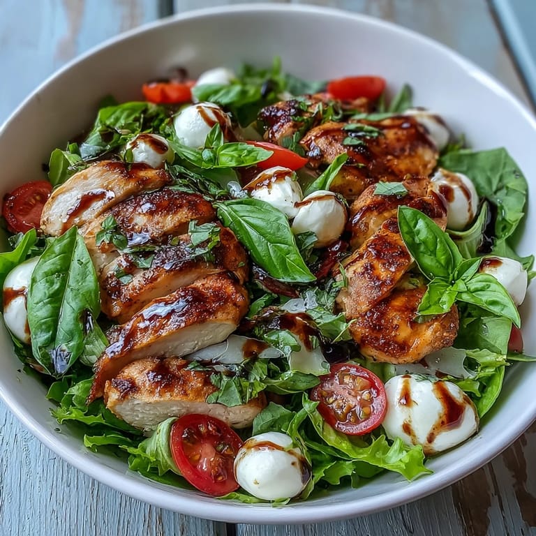Easy Caprese Chicken Bowl topped with creamy mozzarella, sweet tomatoes, fresh basil, and a glossy balsamic glaze.