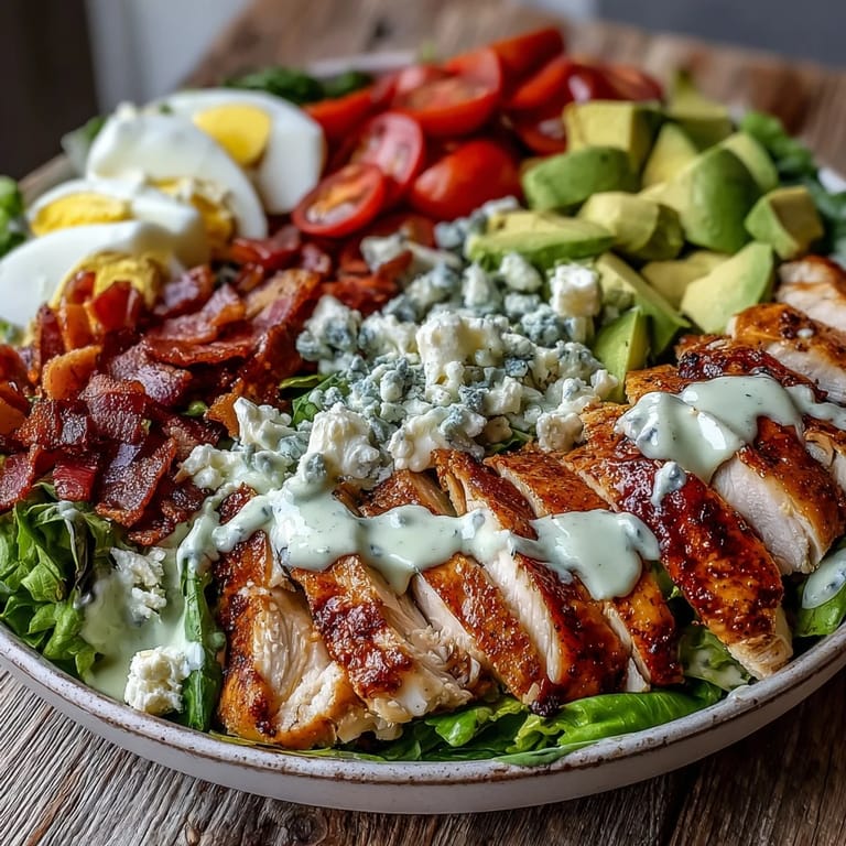 Freshly prepared Cobb Salad Bowl with juicy grilled chicken, crunchy bacon, and tangy blue cheese on mixed greens.