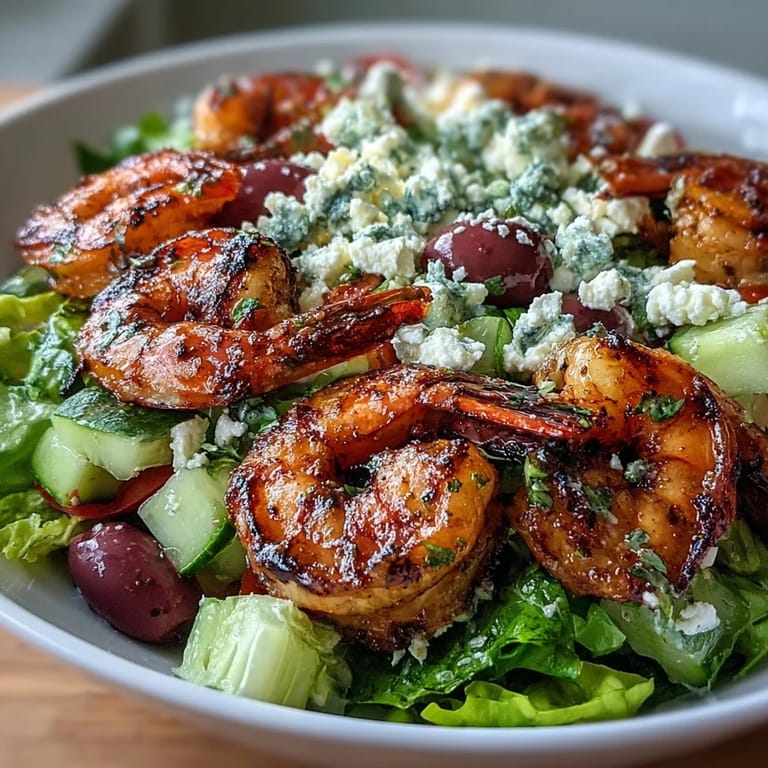 Greek Shrimp Bowl presented in a white bowl, featuring juicy grilled shrimp, red onion, and a drizzle of zesty lemon-olive oil dressing.