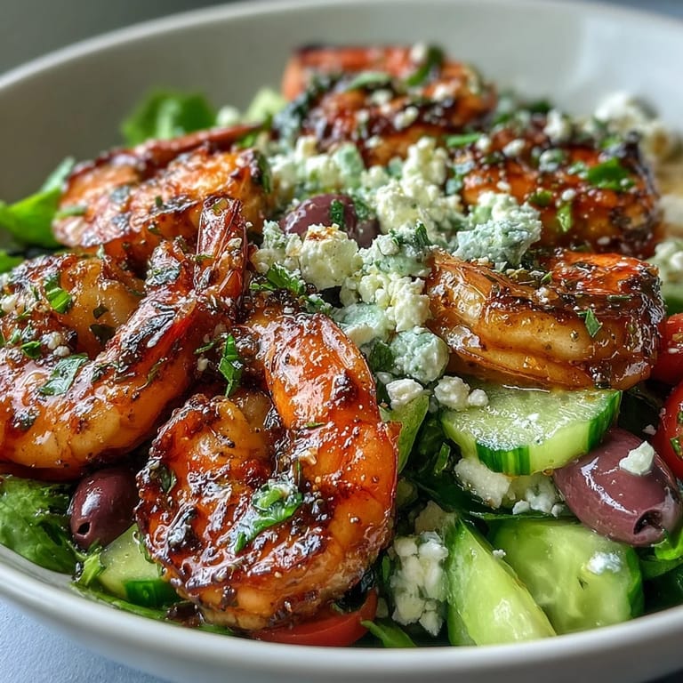 Overhead view of a fresh Greek Shrimp Bowl, showcasing colorful Mediterranean ingredients like tomatoes, cucumbers, olives, and feta, ready to serve for a healthy meal.