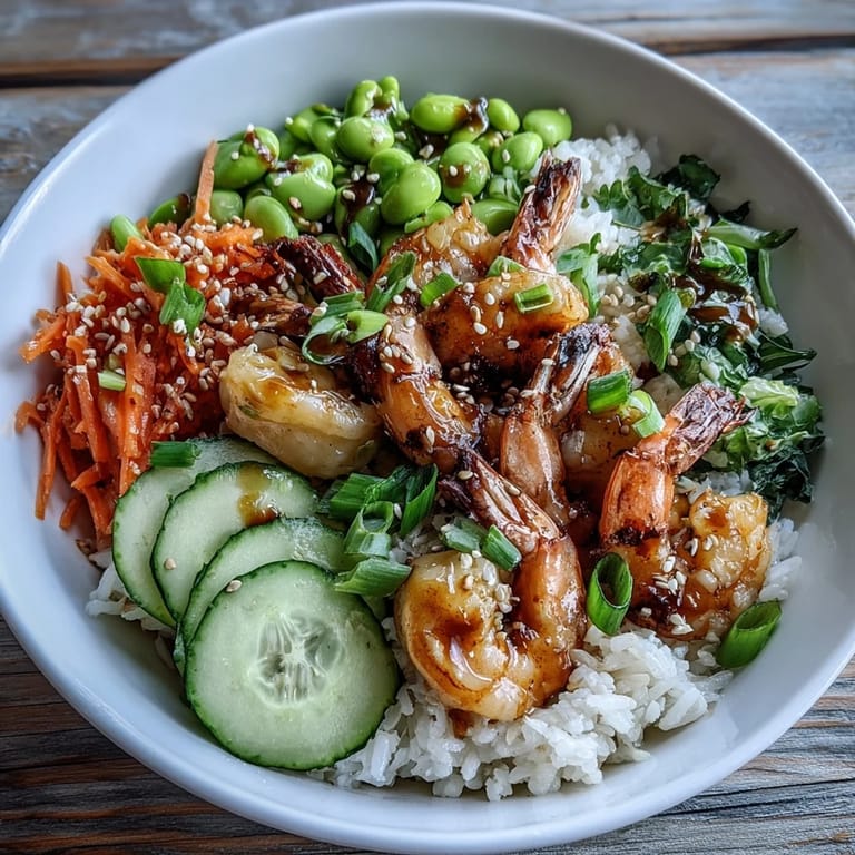 A freshly plated Asian shrimp bowl includes tender grilled shrimp, edamame, and colorful veggies over jasmine rice, garnished with scallions and sesame seeds.