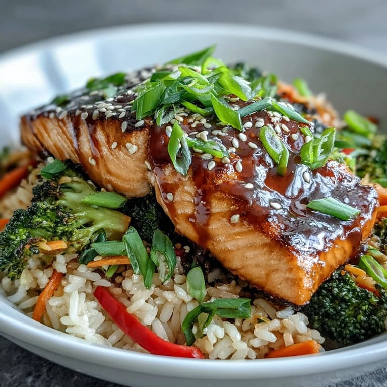 Sizzling teriyaki salmon fillet being brushed with glossy sauce, served in a bowl with rice and vegetables.