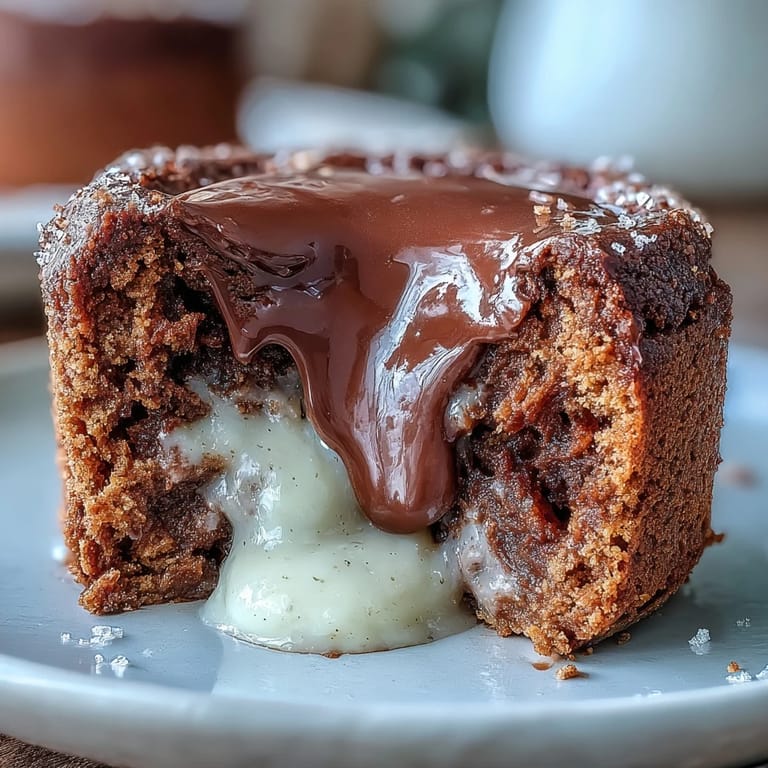 Just-cut Hojicha Lava Cake revealing a rich, earthy roasted tea center next to a warm ramekin.