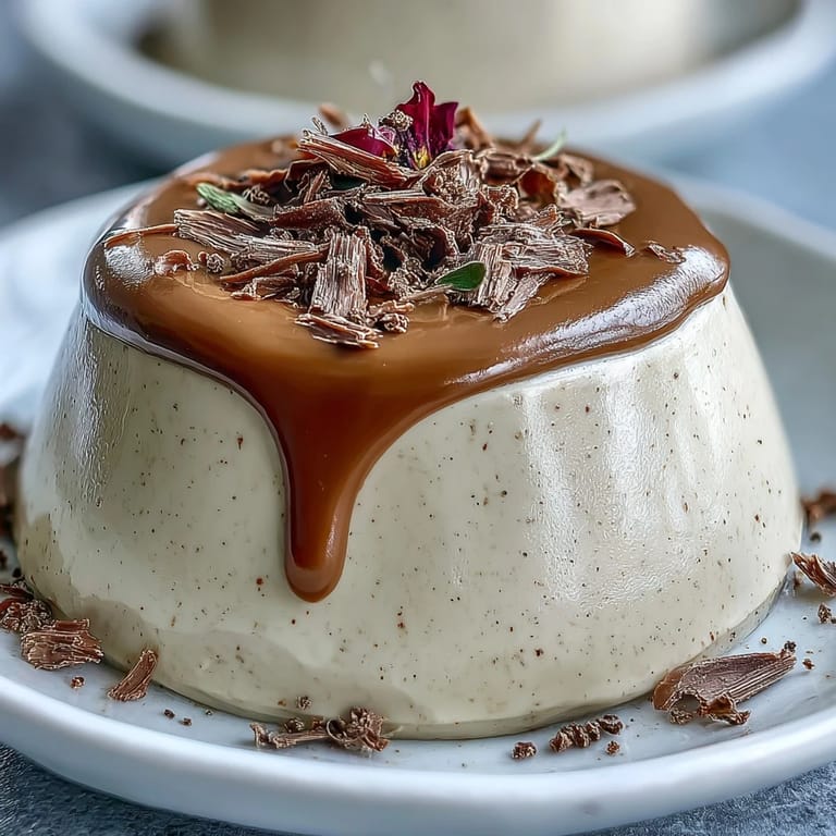 Four Hojicha Panna Cotta desserts plated on a marble surface, ready to be served.