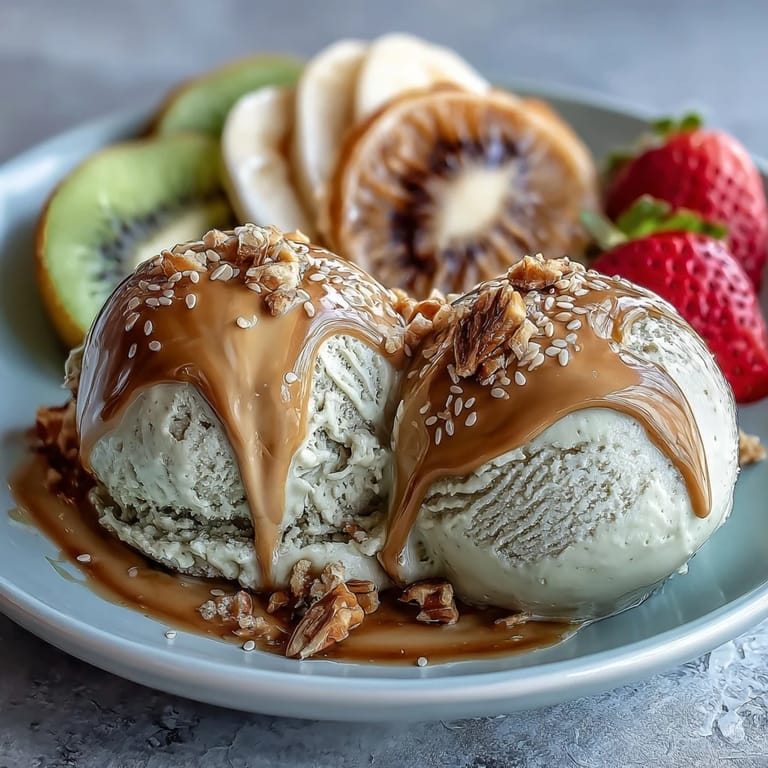 Two vintage spoons serving Hojicha Ice Cream with a caramel swirl, perfect for a Japanese-inspired sweet treat.