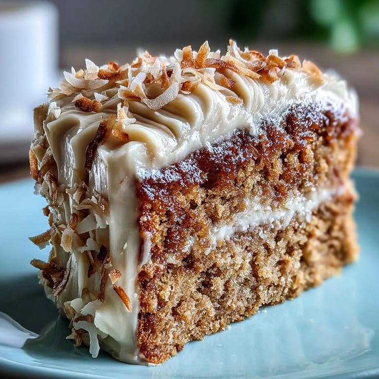 Close-up of a beautifully frosted Vegan Hojicha Latte Cake, highlighting the toasted coconut flakes and rich, roasted tea aroma.