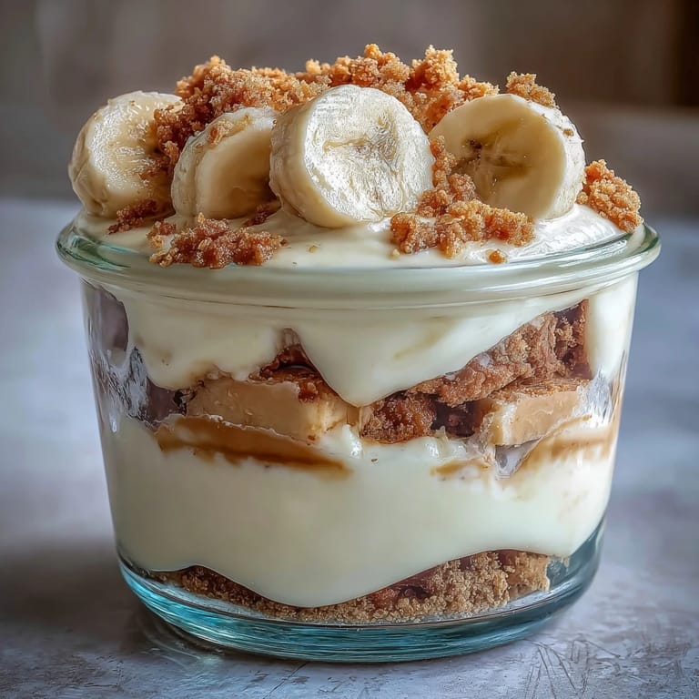 High-protein banana pudding dessert topped with sliced bananas and crumbled sugar-free vanilla wafers, perfect for a nutritious post-workout snack.