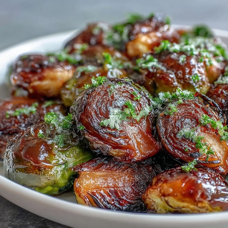 Close-up of crispy Irresistible Orange Maple Glazed Brussels Sprouts on a dark platter, garnished with fresh zest, served alongside roasted chicken.