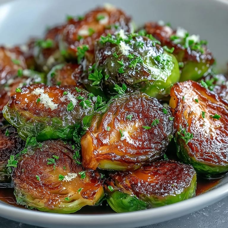 Freshly roasted Irresistible Orange Maple Glazed Brussels Sprouts tossed in a glossy orange glaze, piled high on a rustic wooden serving board.