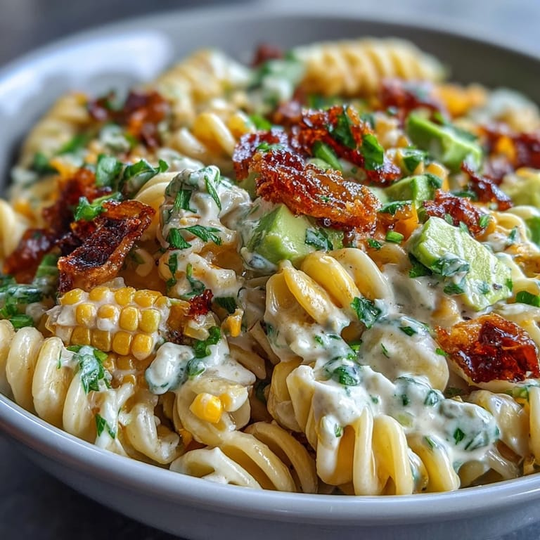 A forkful of Creamy Street Corn Pasta Salad showcasing roasted corn, spicy cheddar, and avocado on romaine.