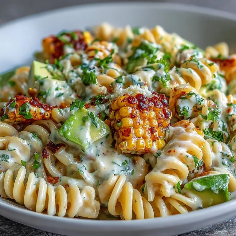 Hearty Creamy Street Corn Pasta Salad plated warm with creamy cheese dressing, lime mayo, and smoky chili butter.