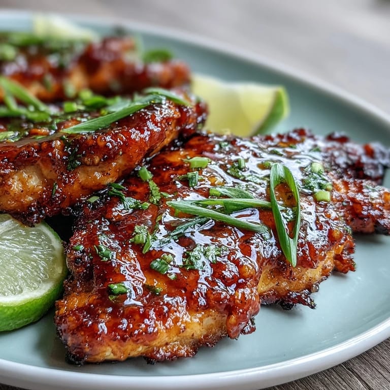 A pressure cooker skillet holds finished Thai Sweet Chili Chicken with vibrant sauce and lime wedges, ready to serve over steamed jasmine rice.