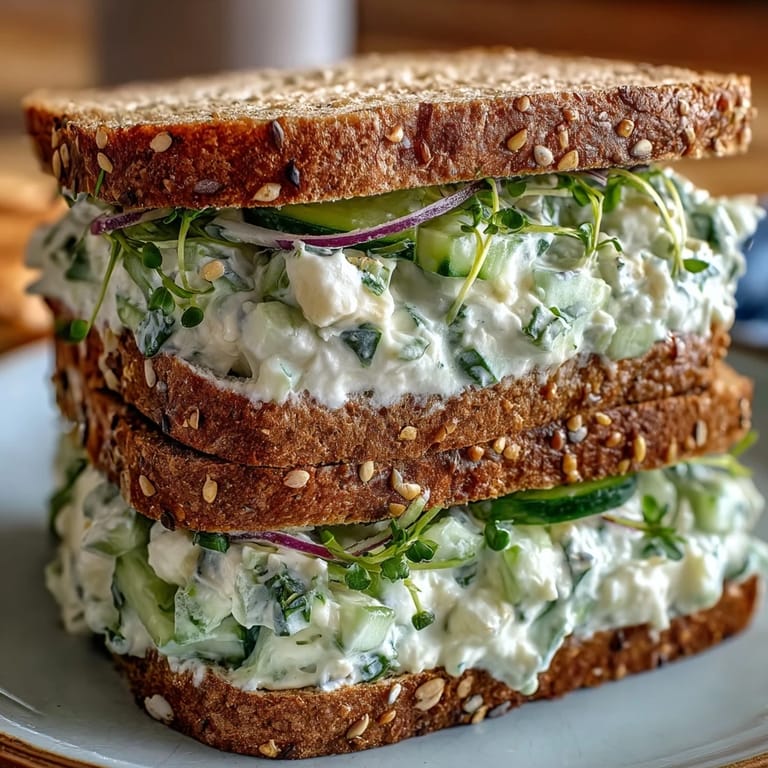 Chilled cucumber salad mixture with Greek yogurt and herbs stacked between hearty whole-grain bread slices.