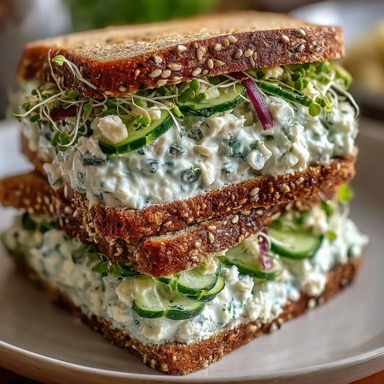 Open-faced Easy Cucumber Salad Sandwiches showing creamy feta cucumbers, dill, and sprouts on toasted bread.