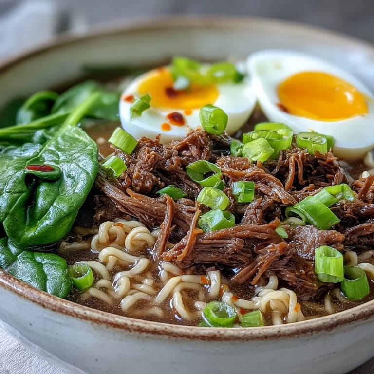 Hearty Slow Cooker Beef Ramen Noodles served with fresh spinach and garnishes, perfect for a cozy weeknight dinner.