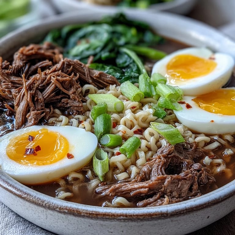 A steaming bowl of Slow Cooker Beef Ramen Noodles topped with soft-boiled eggs, green onions, and a drizzle of Sriracha.