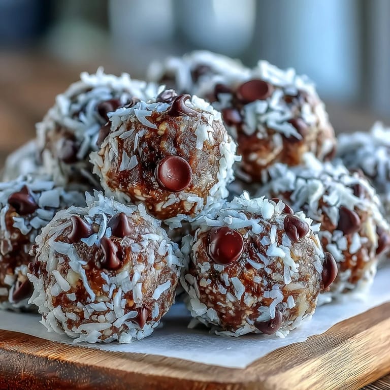 Freshly rolled Moose Bites made with chocolate chips, coconut, and sweetened condensed milk.