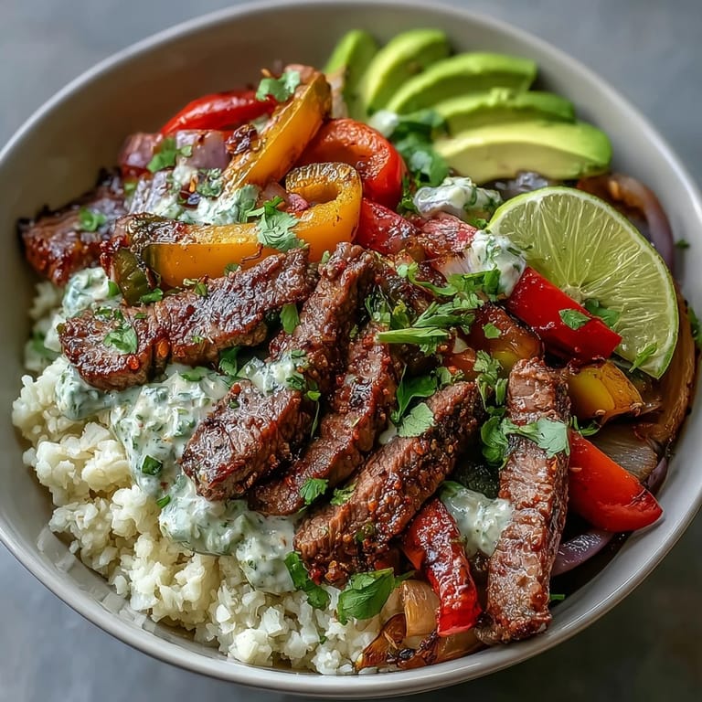 A close-up of a low-carb Steak Fajita Bowl topped with creamy avocado slices, fresh cilantro, and a drizzle of sour cream.