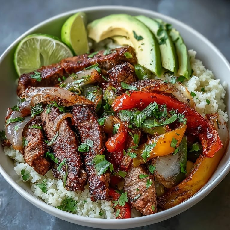 A hearty, protein-packed Steak Fajita Bowl with charred veggies, cauliflower rice, and melty cheese, ready for a weeknight Tex-Mex dinner.