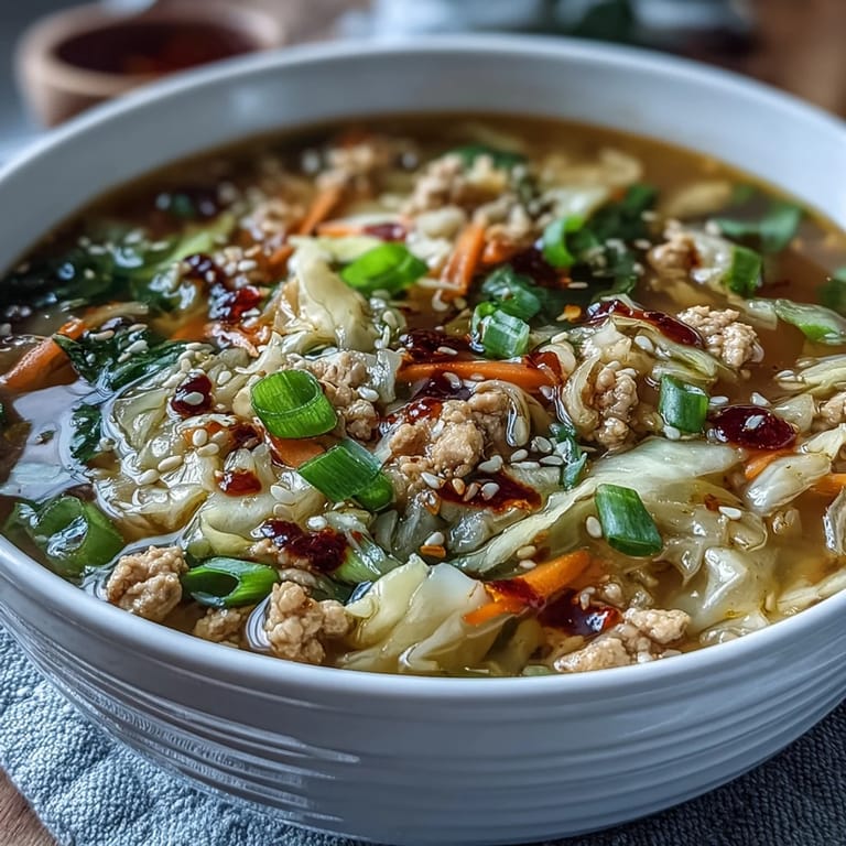 Savory Egg Roll Soup with Chicken & Cabbage served hot, garnished with sesame seeds and chopsticks.