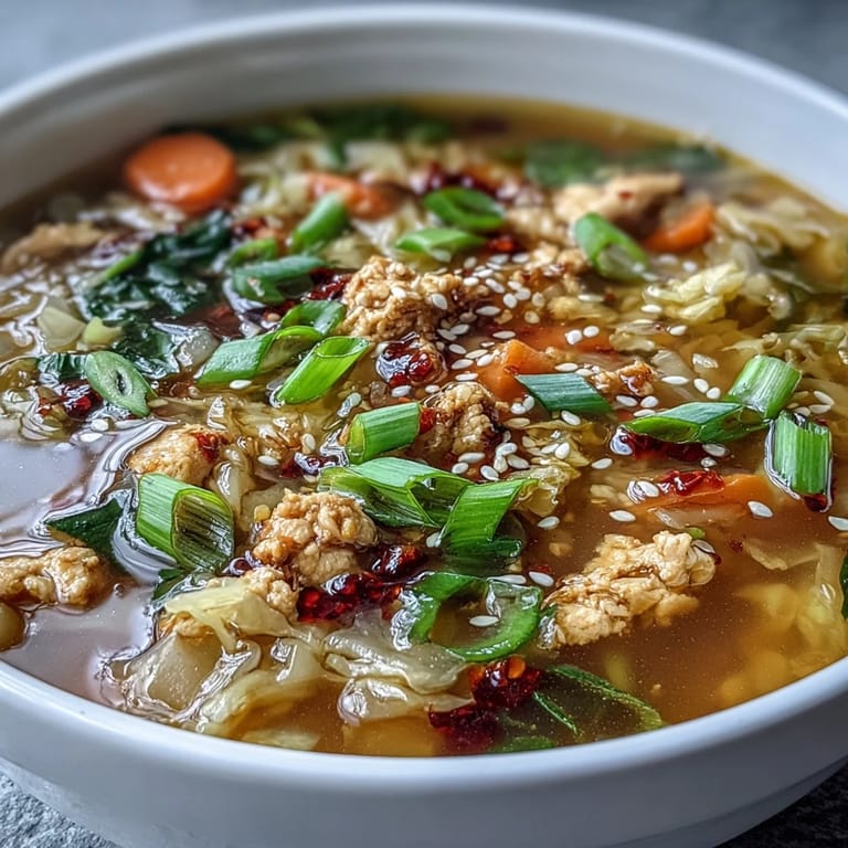 Close-up of flavorful Egg Roll Soup with Chicken & Cabbage, featuring tender vegetables in a rich broth.