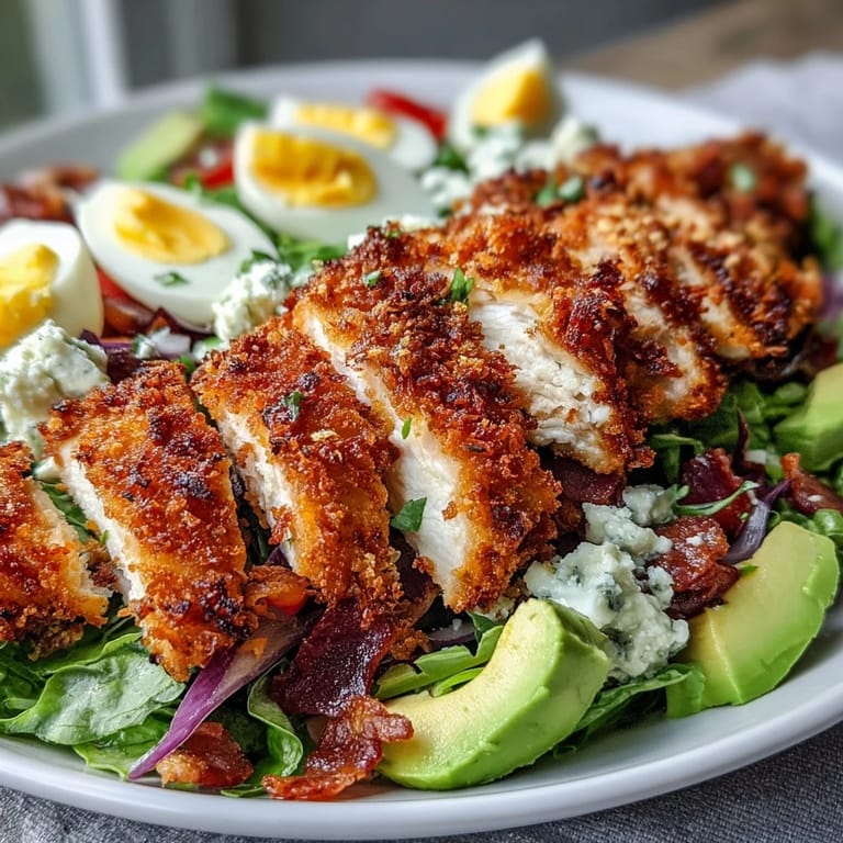 Hearty Parmesan Crusted Chicken Cobb Salad served on a platter with bright vegetables, eggs, and bacon for a complete meal.