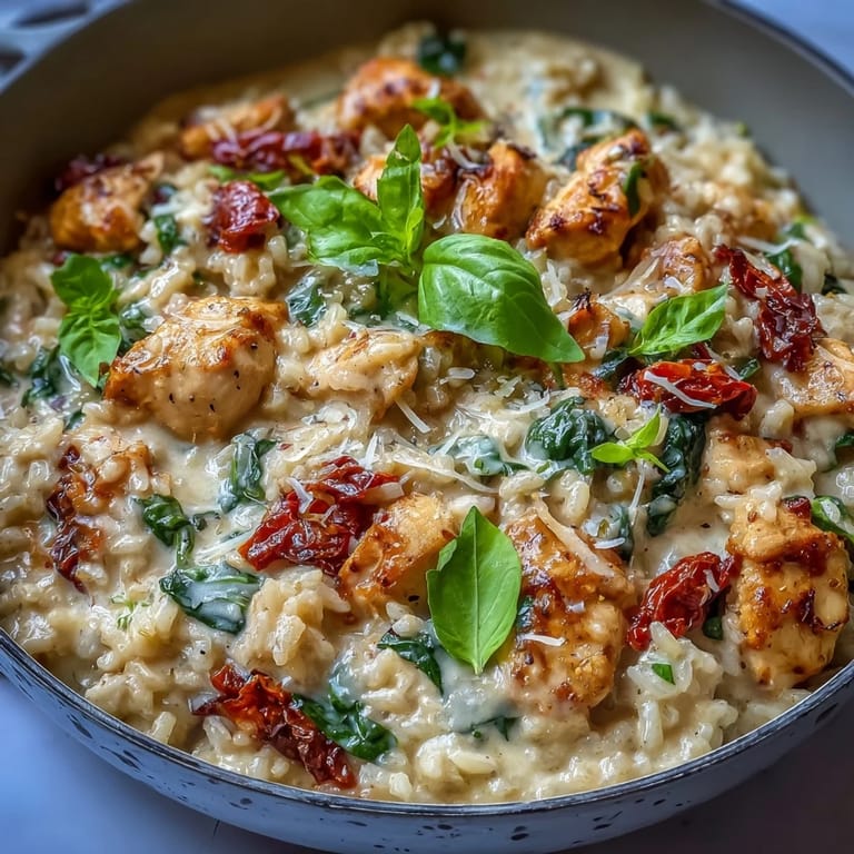 Spoon serving Creamy Tuscan Chicken Rice Skillet, showing tender chicken, cherry tomatoes, and fluffy rice.