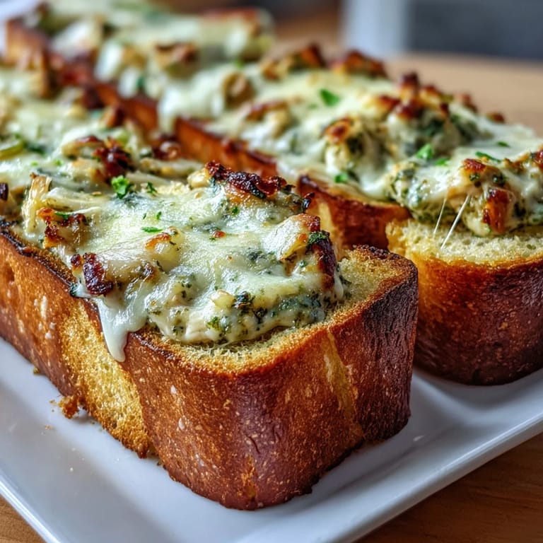 Cheesy Pesto Chicken Garlic Bread Boats sliced open, revealing savory filling on a rustic serving board.