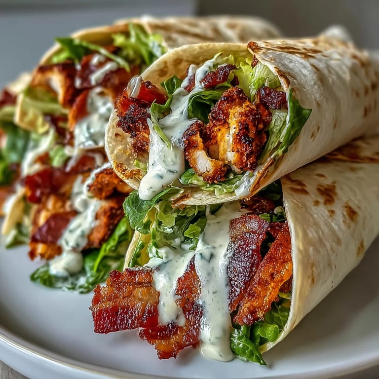 Freshly prepared Crispy Chicken Bacon Caesar Wraps on a rustic wooden table, ready for a hearty lunch or dinner.