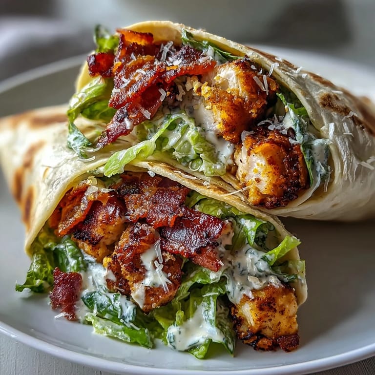 Hand-held flour tortilla wraps filled with crunchy romaine lettuce, Parmesan cheese, and juicy chicken, drizzled with Caesar dressing.