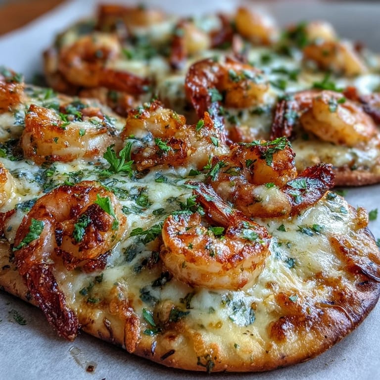 Garlic Butter Shrimp Naan Pizzas served hot on a wooden board, garnished with fresh parsley and basil.