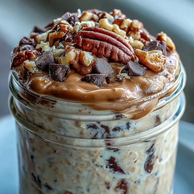 Overnight oats topped with banana, chopped walnuts, and chocolate chips, ready to eat after chilling.