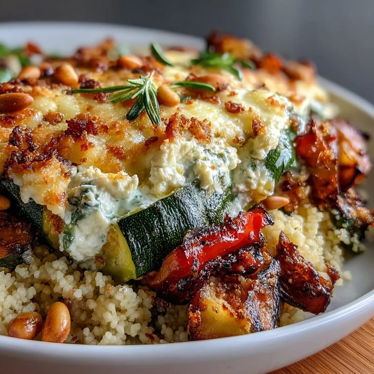 Fresh parsley and toasted pine nuts garnish this bubbling Roasted Veggie & Feta Couscous Bake, perfect for a Mediterranean dinner.