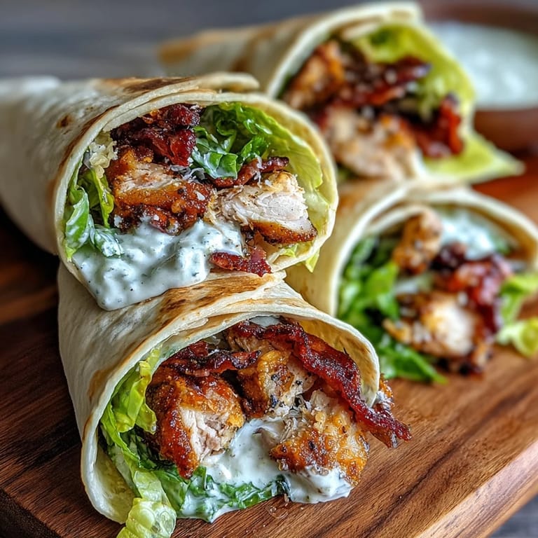 Romaine lettuce glistening with Caesar dressing, stacked with crunchy bacon and golden chicken inside a soft tortilla.