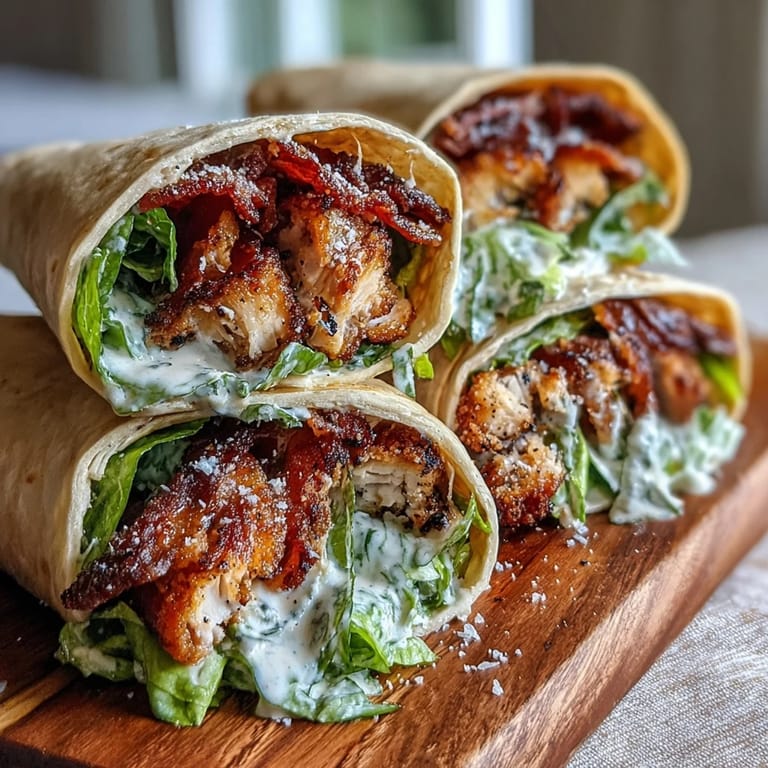 Crunchy chicken wraps with bacon and fresh romaine lettuce, served with lemon wedges and a creamy Caesar drizzle.