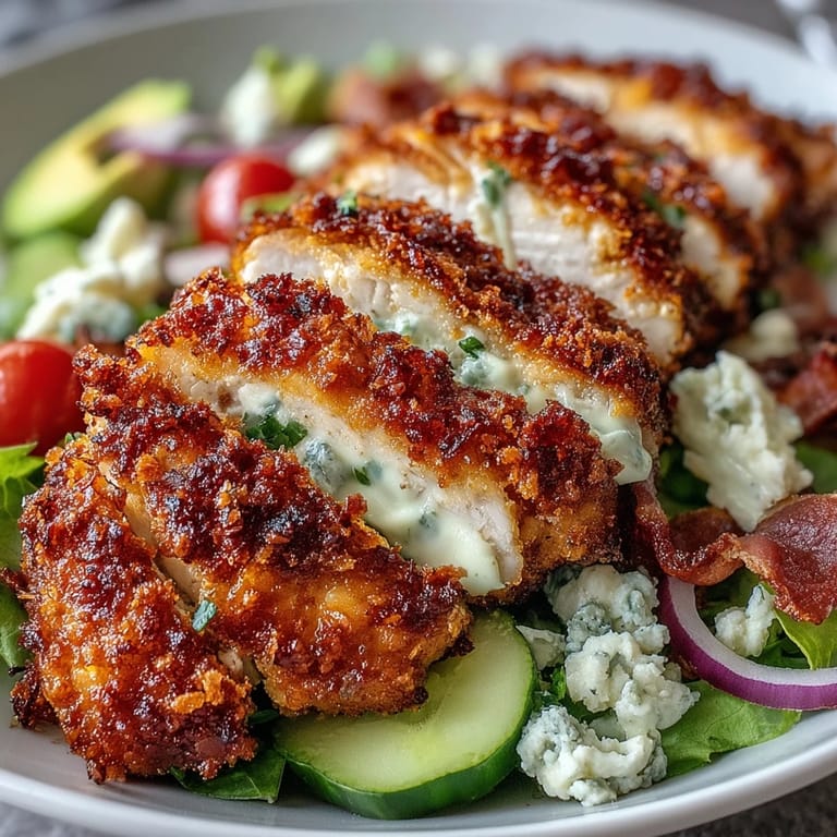The crispy Parmesan Crusted Chicken showcases crunchy, cheesy crust next to colorful vegetables and tangy blue cheese crumbles.