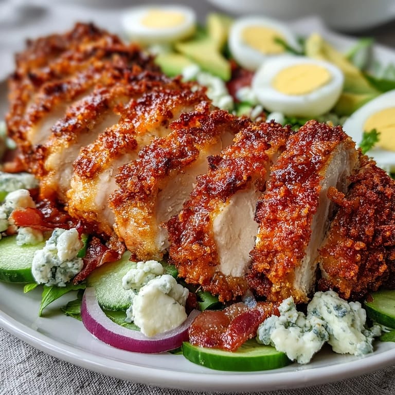 Sliced golden Parmesan Crusted Chicken arranged on a bed of greens with eggs, bacon, and a drizzle of dressing.