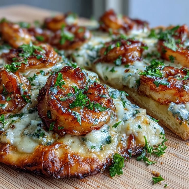 Creamy cheese and succulent shrimp top warm naan bread for a Garlic Butter Shrimp Naan Pizzas fusion meal.