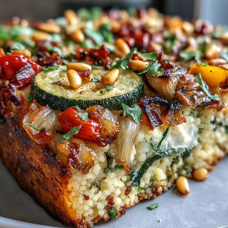 A close-up of the Roasted Veggie & Feta Couscous Bake shows golden veggies and melty feta.