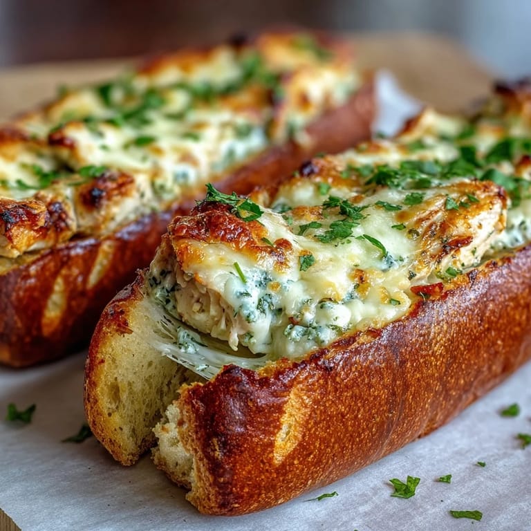 Pesto Chicken Garlic Bread Boats topped with fresh parsley, ready to serve as a warm Italian-American appetizer.