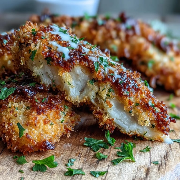 Oven-baked Crispy Panko Ranch Chicken Tenders with golden breadcrumbs and fresh parsley garnish on a parchment-lined tray.