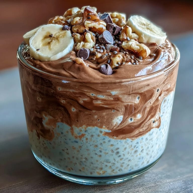Prepared Chunky Monkey Protein Overnight Oats topped with banana slices and walnuts, perfect for an easy make-ahead breakfast.