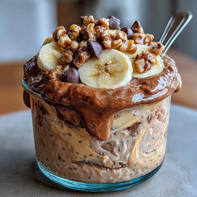 Spoonful of decadent Chunky Monkey Protein Overnight Oats featuring chopped walnuts and chocolate chips, ready to enjoy chilled.