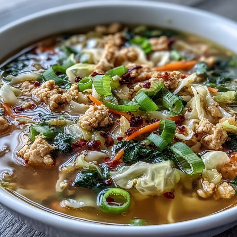 Egg Roll Soup with Chicken & Cabbage served from a Dutch oven, showing a steaming, colorful meal for four.