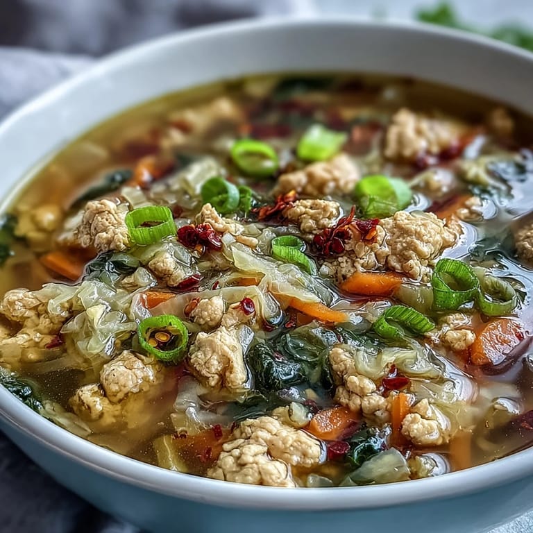 A comforting bowl of Egg Roll Soup with Chicken & Cabbage next to chopsticks, highlighting the savory broth.
