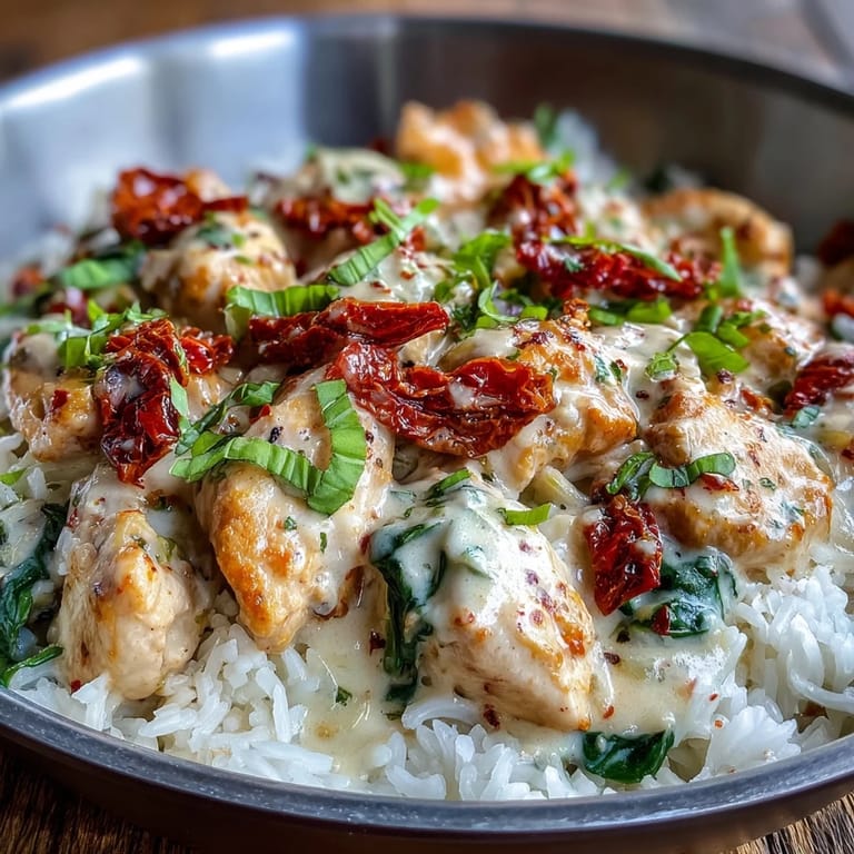 Served hot with fresh basil and extra Parmesan, this comforting Creamy Tuscan Chicken Rice Skillet is ready to eat.