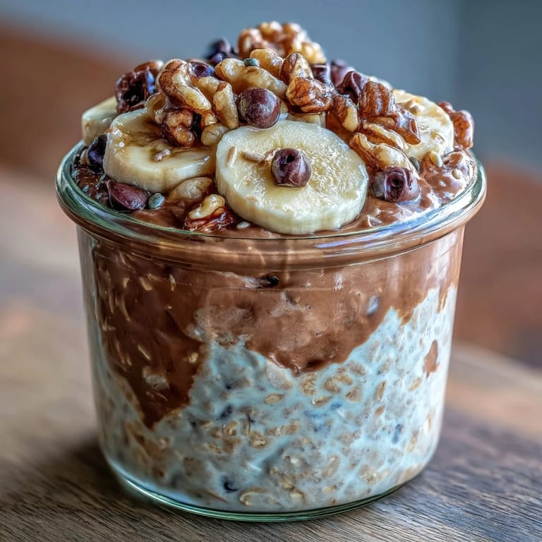 Spoonful of decadent Chunky Monkey Protein Overnight Oats featuring chopped walnuts and chocolate chips, ready to enjoy chilled.