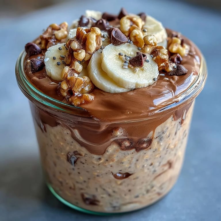 Prepared Chunky Monkey Protein Overnight Oats topped with banana slices and walnuts, perfect for an easy make-ahead breakfast.