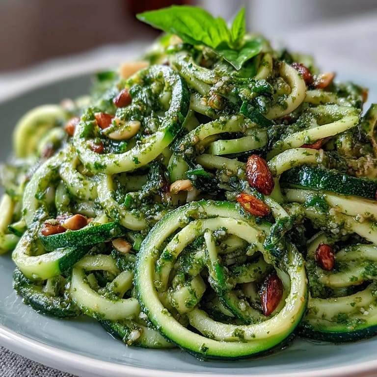 Dairy-free pumpkin seed pesto drizzled over raw spiralized zucchini, garnished with cherry tomatoes for a burst of color and flavor.