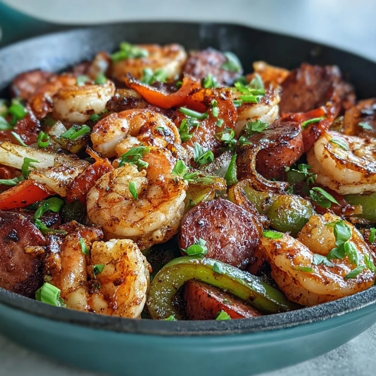 Flavorful Keto Cajun Shrimp and Sausage Skillet with tender shrimp, spicy sausage, and crisp bell peppers, garnished with fresh parsley.